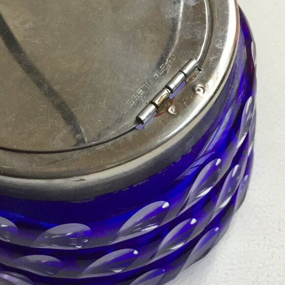 Cobalt Blue Cut to Clear Glass Flashed Geometric Pattern Hinged Marmalade Jar - Picture 9 of 12
